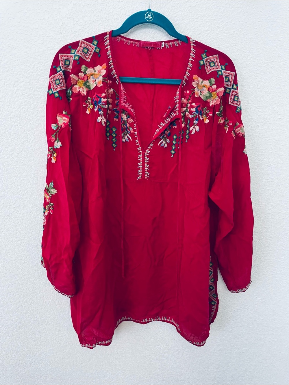 Johnny Was Red Embroidered V-Neck Tunic